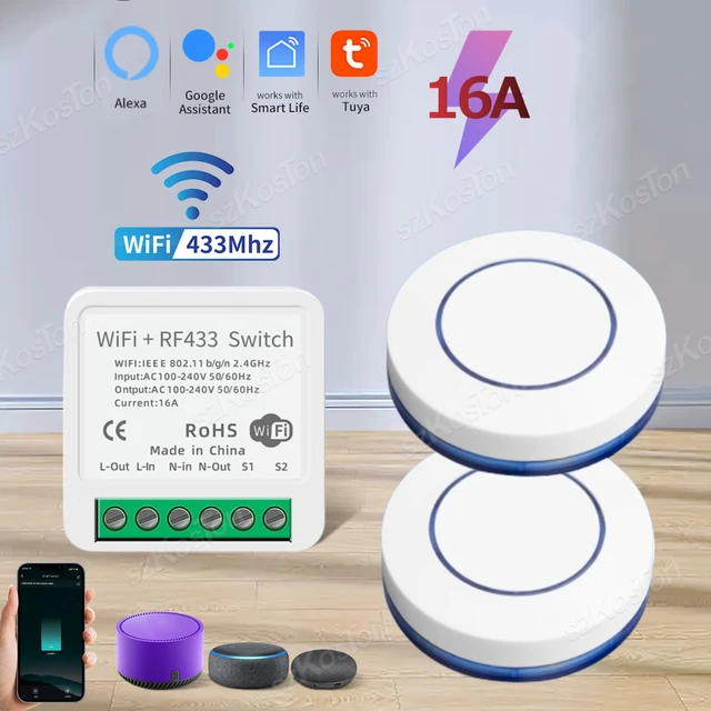 Tuya 16A RF433 WiFi Smart Switch Smart Home Light Switch Breaker Relay APP Timer Wireless Control Voice dla Alexa Google