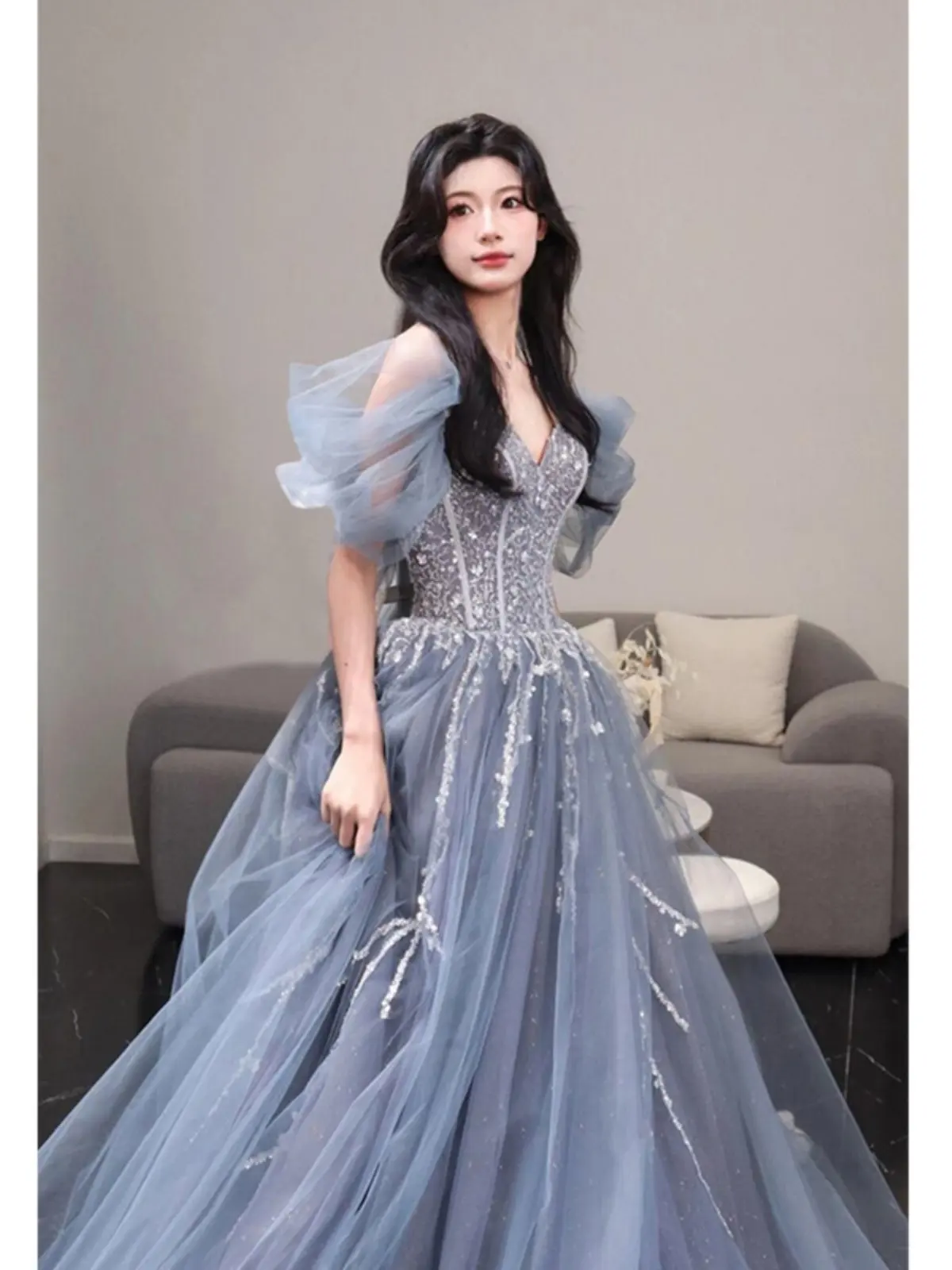 

Blue Bubble Sve Wedding Dr Engagement Par Banquet Year End Ceremony Sexy mid Waist Puffy Skirt Long Dr