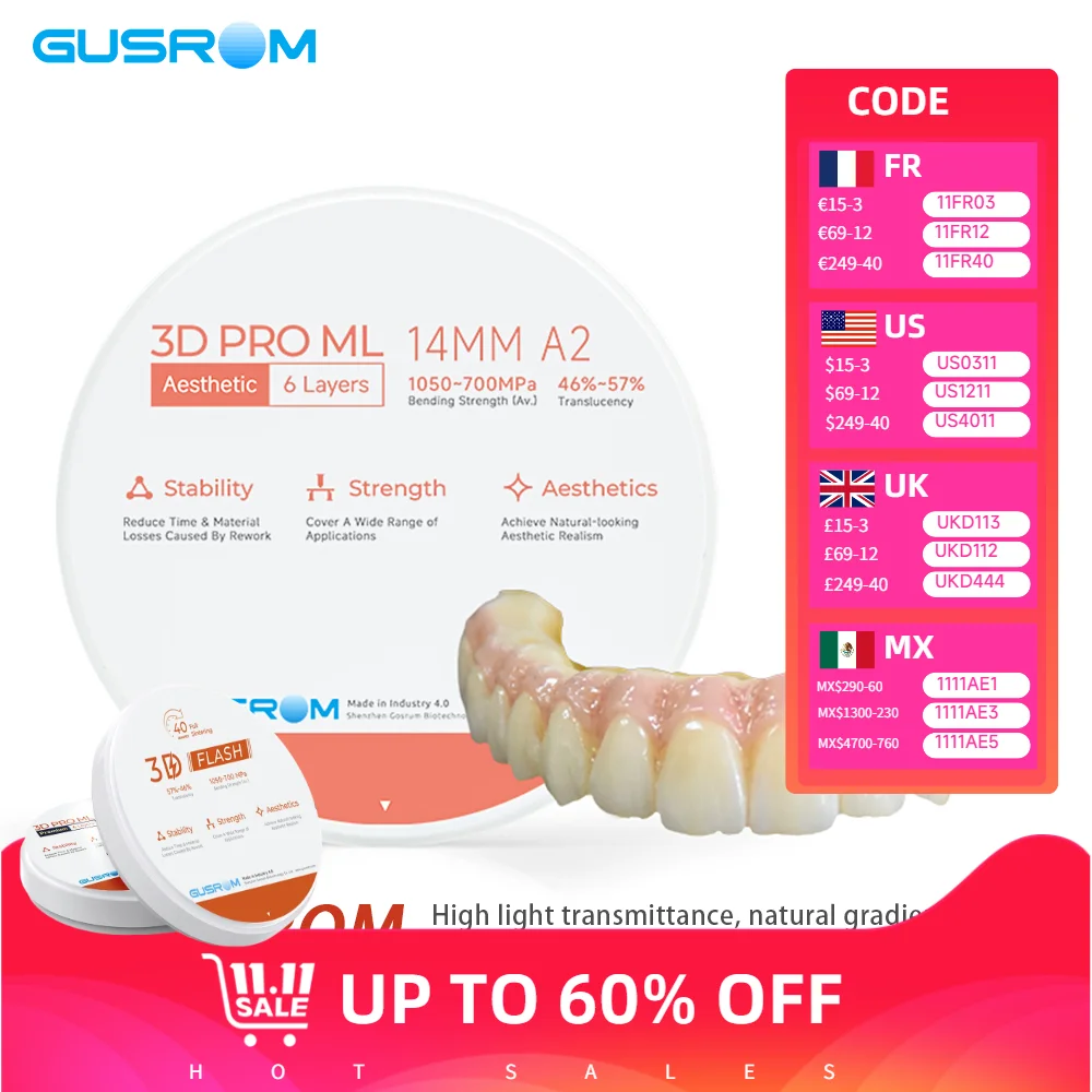 

GUSROM 3D PRO ML Эстетический многослойный циркониевый блок 98x14 мм 6-слойный высокопрочный 46%-57% полупрозрачный стоматологический материал CAD/CAM