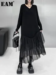 [EAM] Women Black Knitting Hem Mesh Big Size Long Dress New Round Neck Long Sleeve Fashion Tide Spring Autumn 2024   1DH7756