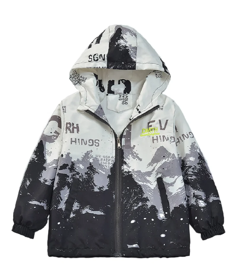 Spring Summer Waterproof Hooded Contrast Printed Boys Lined Zip Hiking Jackets School Kids Outfit Tops Child Track Coat