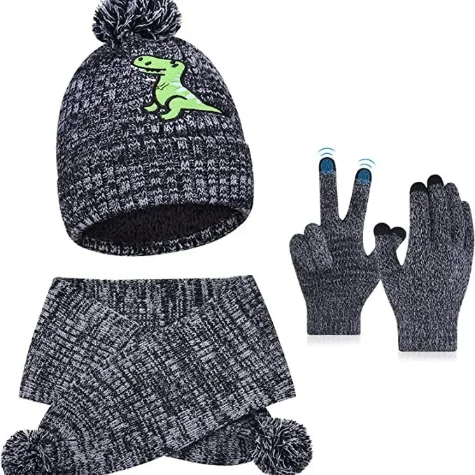 Gorro de punto cálido para niños, guantes de bufanda para niños y niñas, conjunto de tres piezas de copo de nieve para niños, conjunto de gorro con patrón de coche de dibujos animados para invierno