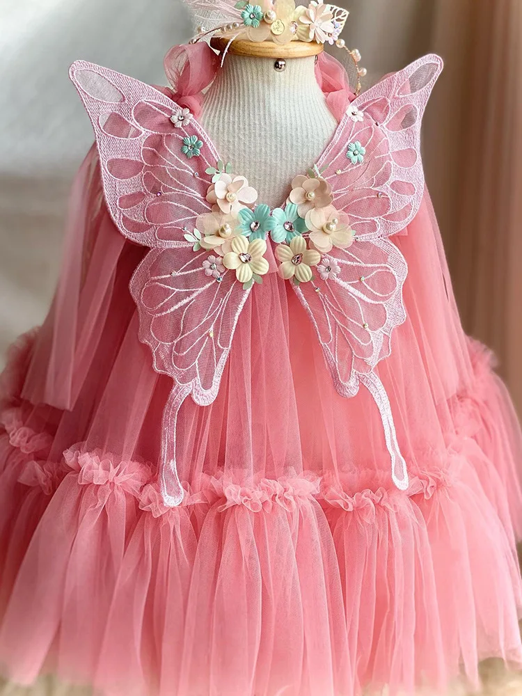 Girls\' Dress 2024 New Fashion Sequin Princess Dress Girls\' Butterfly Wings Mesh Fluffy Dress Carnival High end Performance Dress