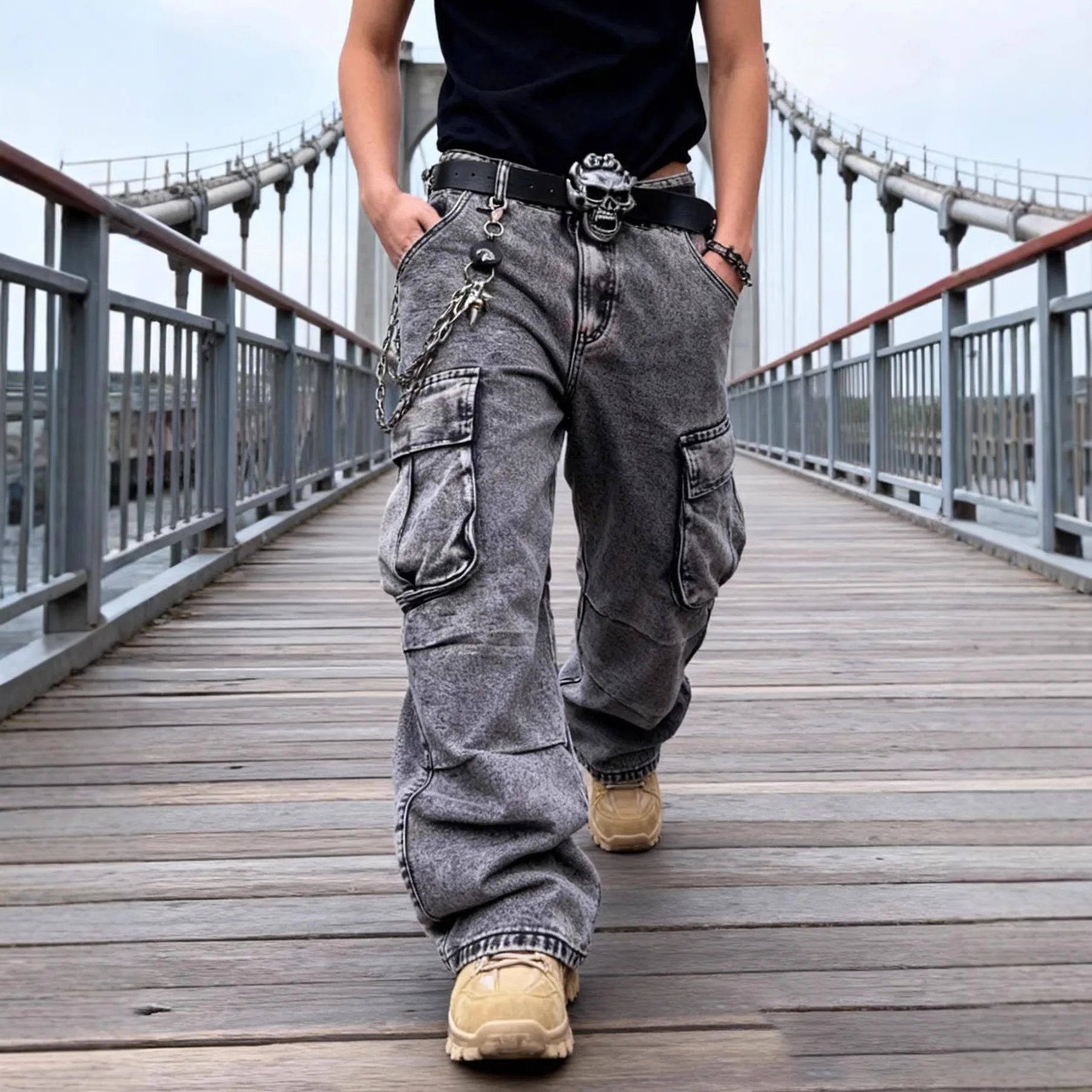 Acid Wash Grau-Schwarze Cargo-Jeans für Herren, Baggy Straight Multi-Taschen-Denim-Hose, Y2K Gothic Streetwear, Lose Lässige Weite Hose