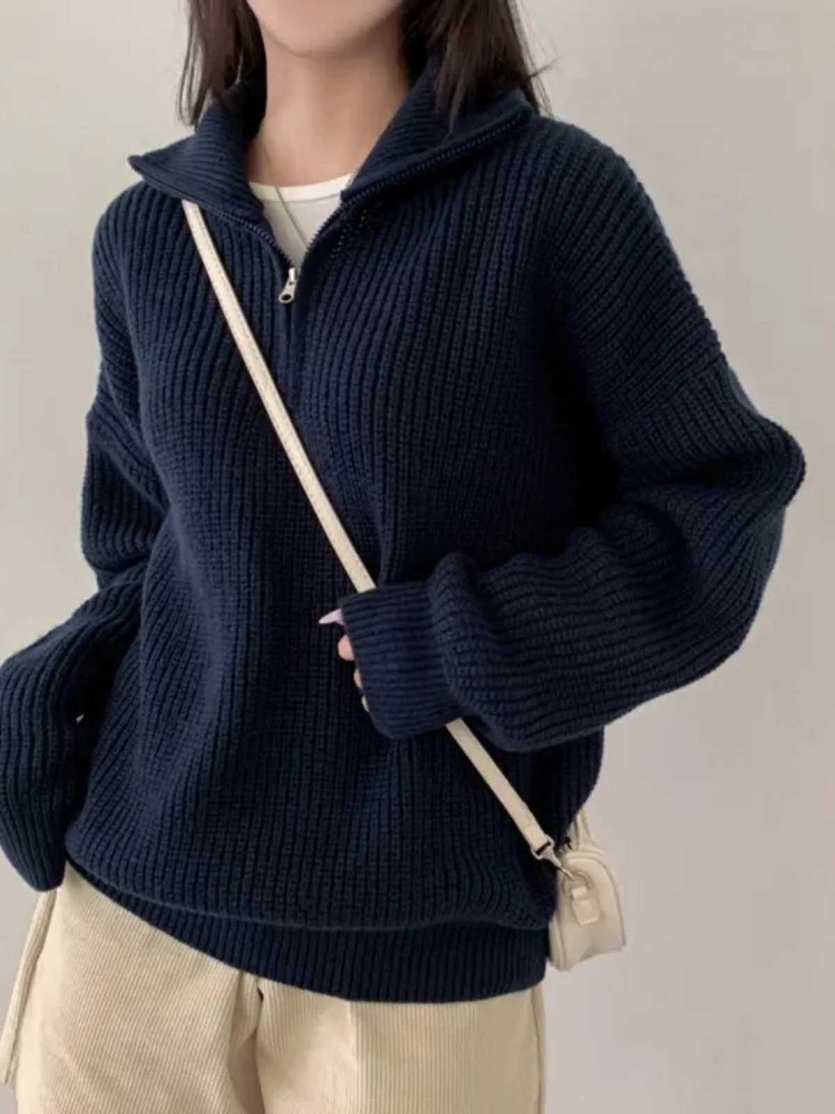 Thiened Knitted Sweater Coat Women's Loose f Zipper Large Collar Lazy Warm Top Faionable Commute Sle Long Sve