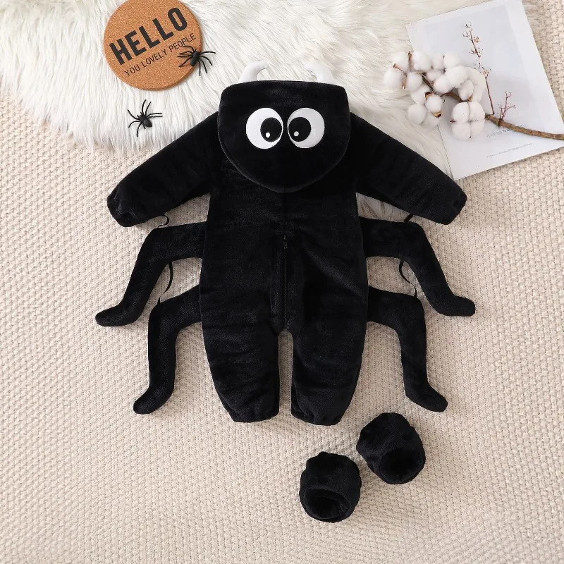 Newborn Baby Black Spider Romper Long Sleeve Hooded Bodysuit Cartoon Animal Onesie Toddler Halloween Costume Jumpsuit