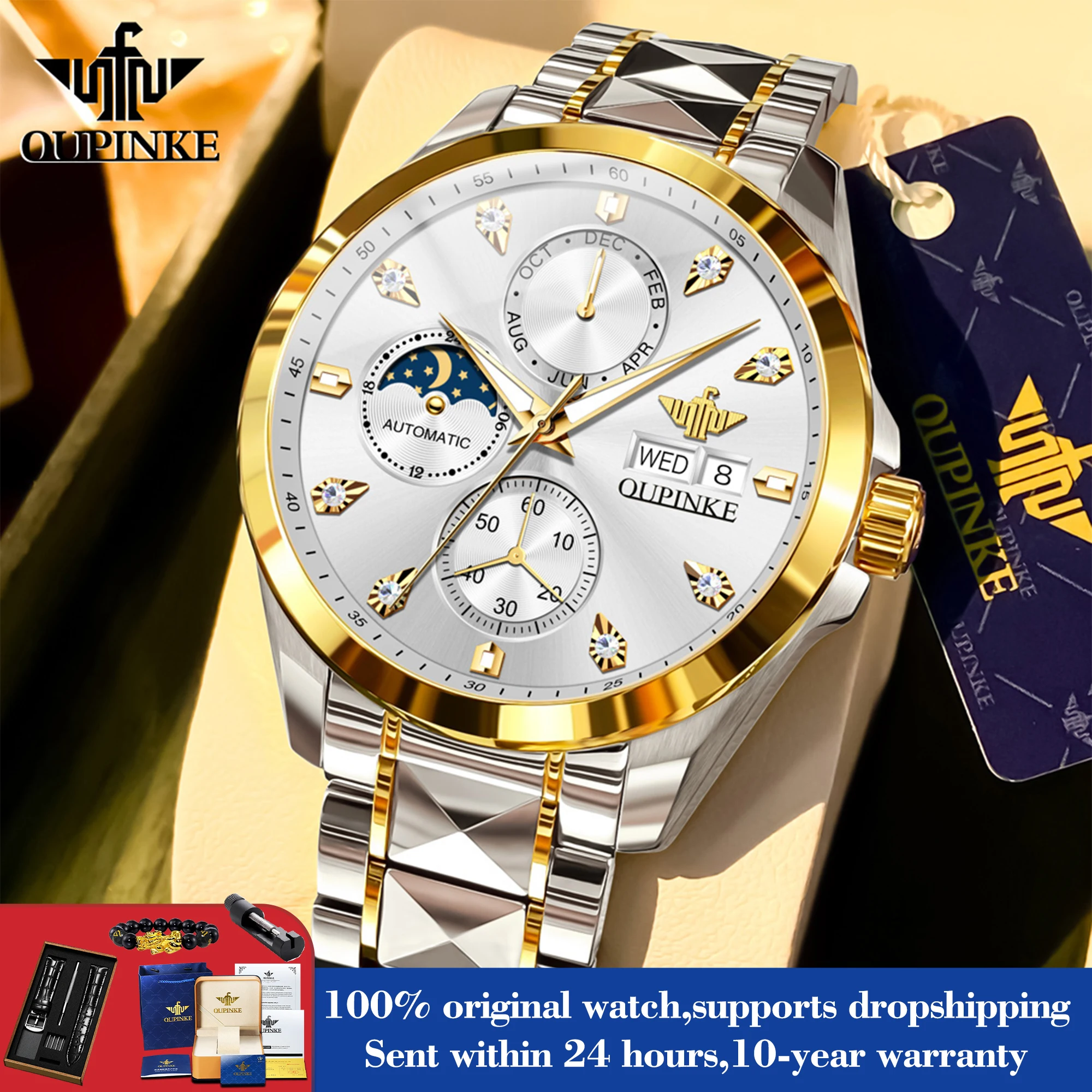 OUPINKE 3298 Auto Date Original Mechanical Watch For Men Luxury Waterproof Tungsten Steel Strap Clock Moon Phase Man Dress Watch