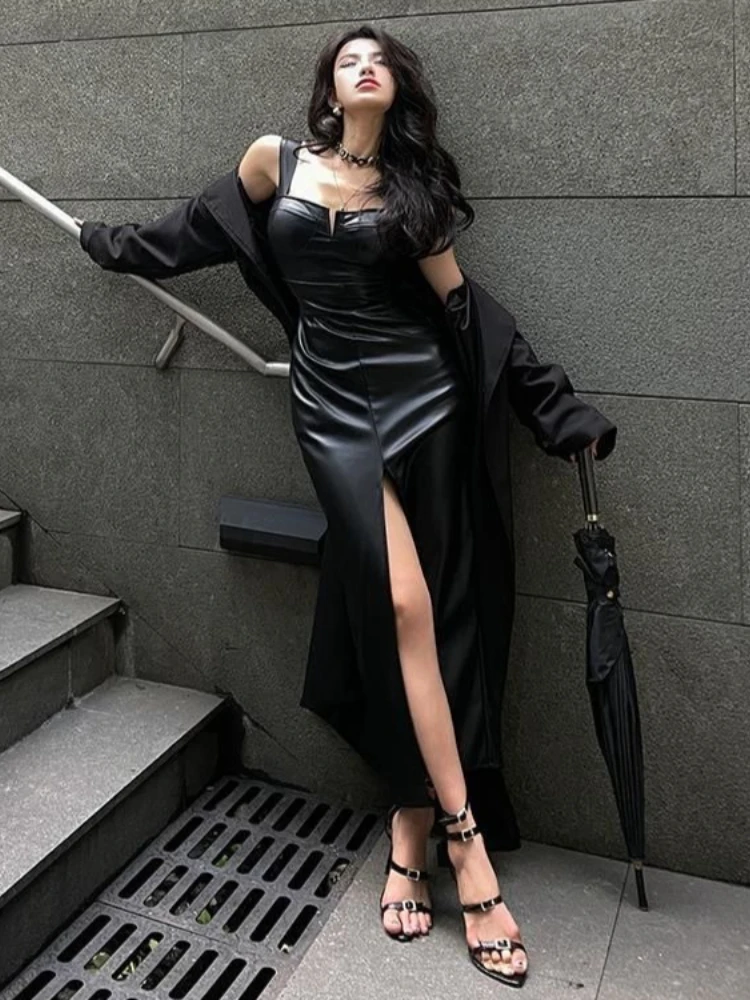 Novo gótico escuro sexy picante menina de couro 2 peça conjunto feminino casaco curto + alça vestido longo harajuku vintage moto biker punk outfits