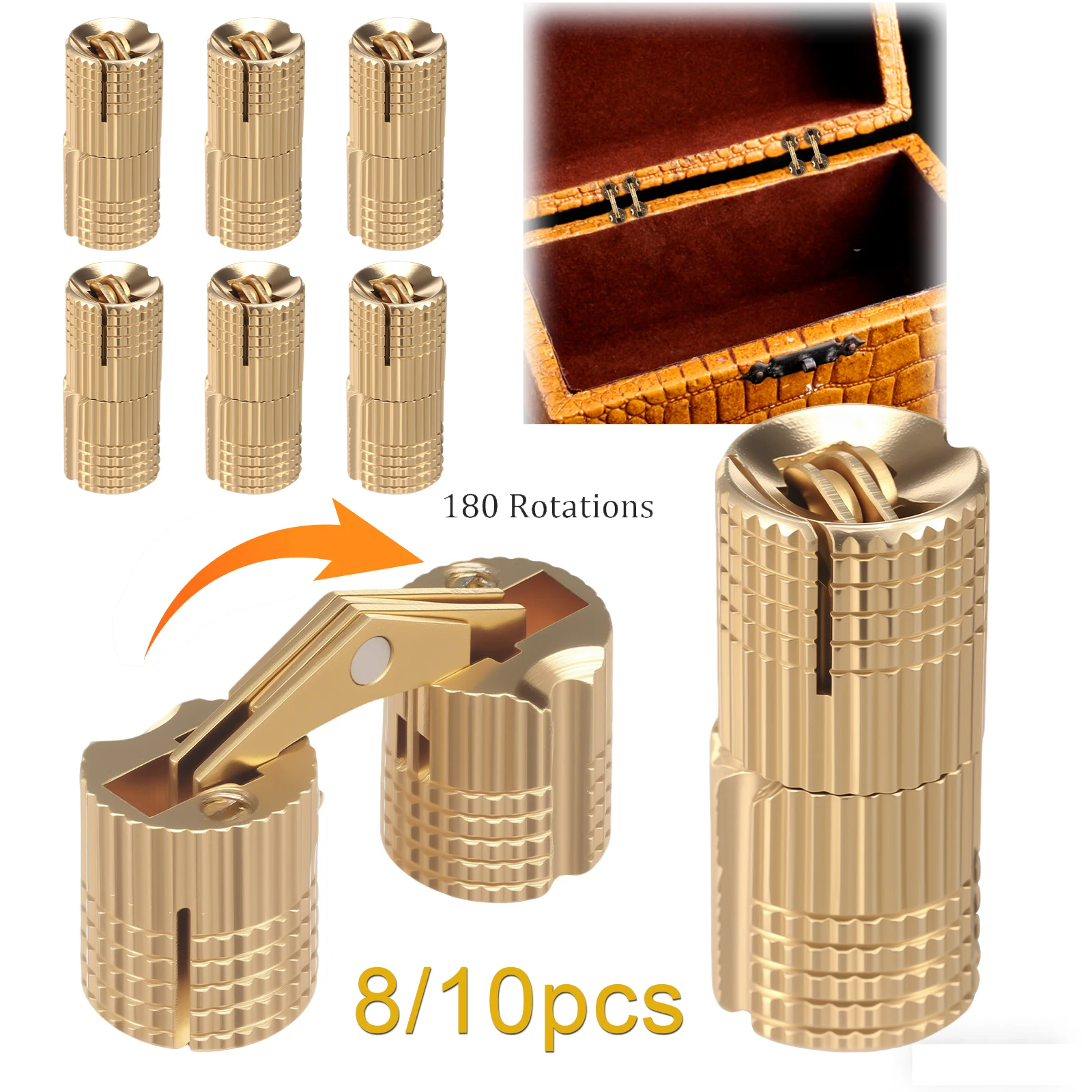 10/8pcs Hidden Brass Barrel Hinges 8/10mm 180 Degree Opening Angle Concealed Furniture Hinges  for DIY Jewelry Box Hand Craft