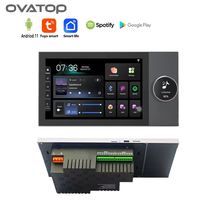 

7 Inch Android 11 Tuya Smart Home Control Panel with Music Player Rotary Button E-Share Zigbee Hub WiFi Wall Amplifier
