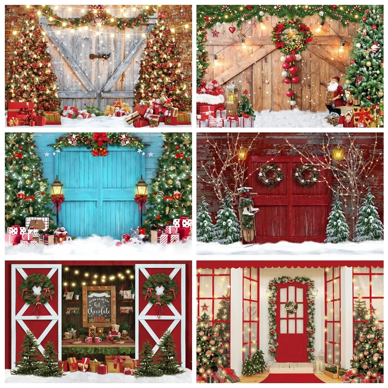 

Christmas Wood Door Backdrop Glitter Ball Spot Baby Family Portrait Party Decor Photography Background for Photo Studio Props
