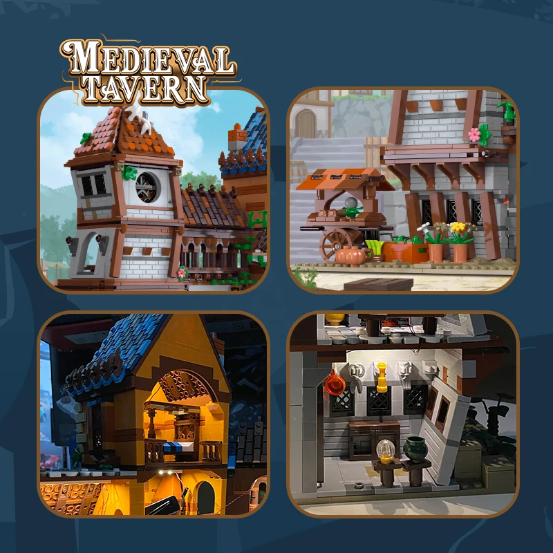 Medieval Architecture Restaurant Tavern Scene Building Blocks Atmosphere Lights Creative Streetscape Big Model Bricks Toys