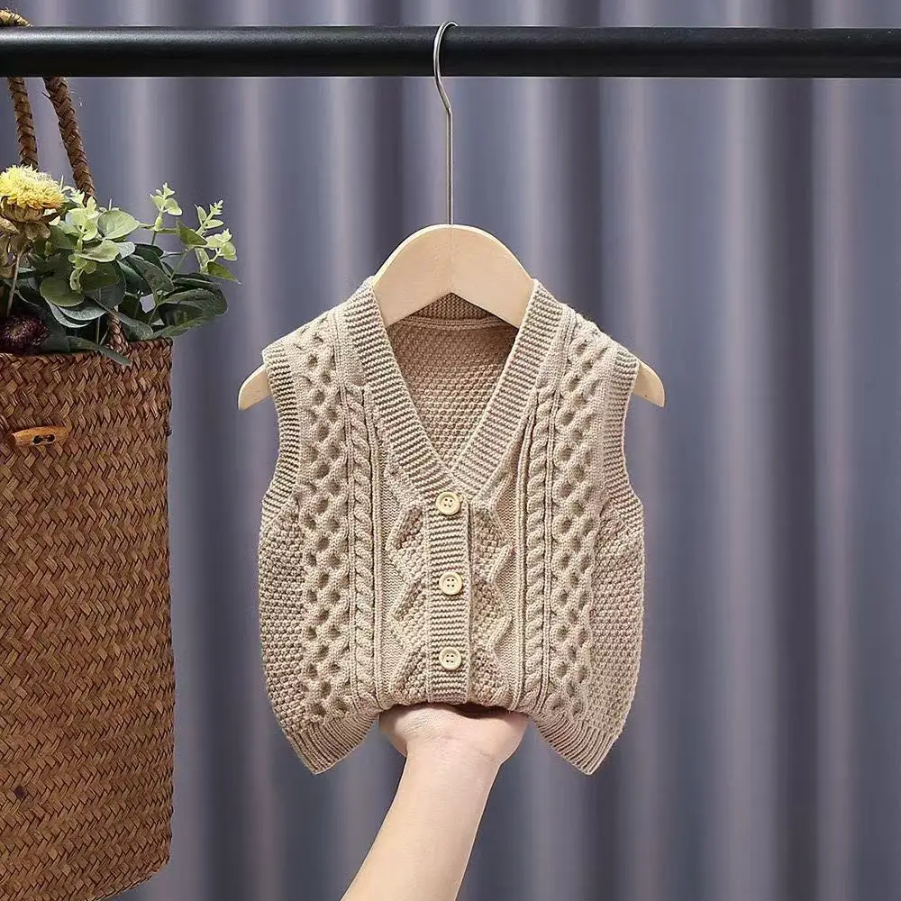 

1-4 Years Toddler Baby Knit Sleeveless Sweaters for Girls and Boys V Neck Button Sweater Vest Children Infant Waistcoat 73-110CM