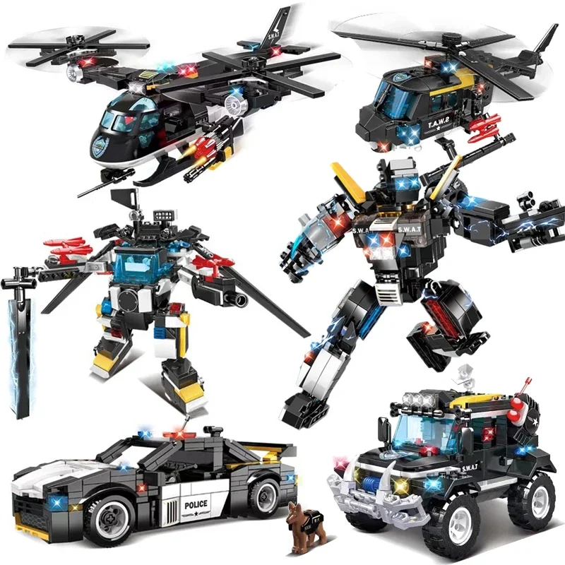 2 In 1 SWAT Transforming Mecha Car Building Blocks Military Plane Helicopter Robot Model Bricks Toys For Kid Birthday Gift MOC