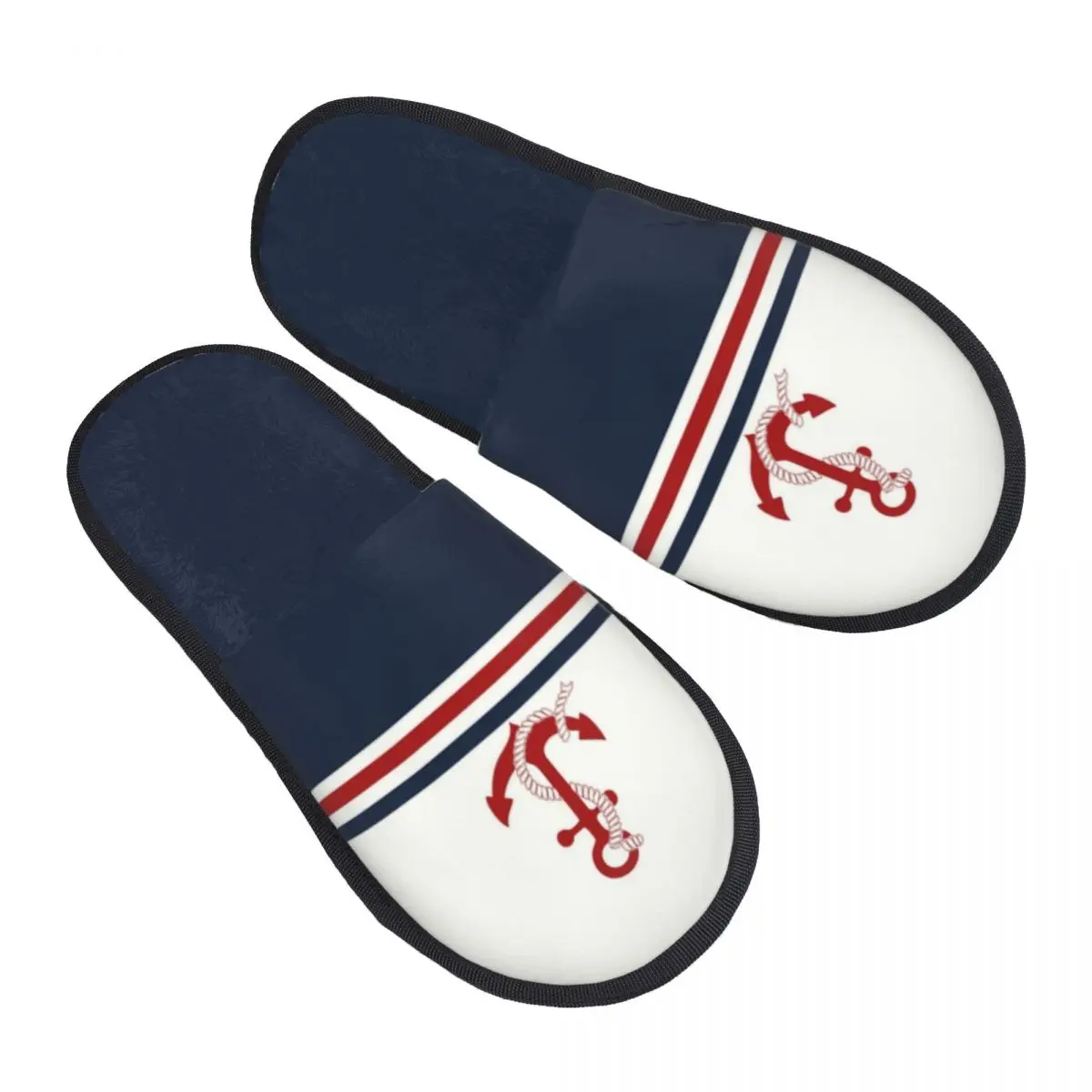 Custom Navy Blue Stripes Nautical Anchor Boat Memory Foam Slippers Women Comfy Warm House Slippers