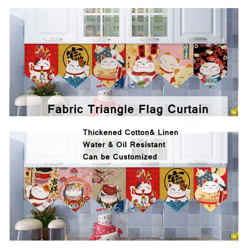 Japanese Short Curtain Lucky Cat Pennant Kicthen Partition Half Curtain Triangle Hanging Flag Child Room Decor Hanging Curtain