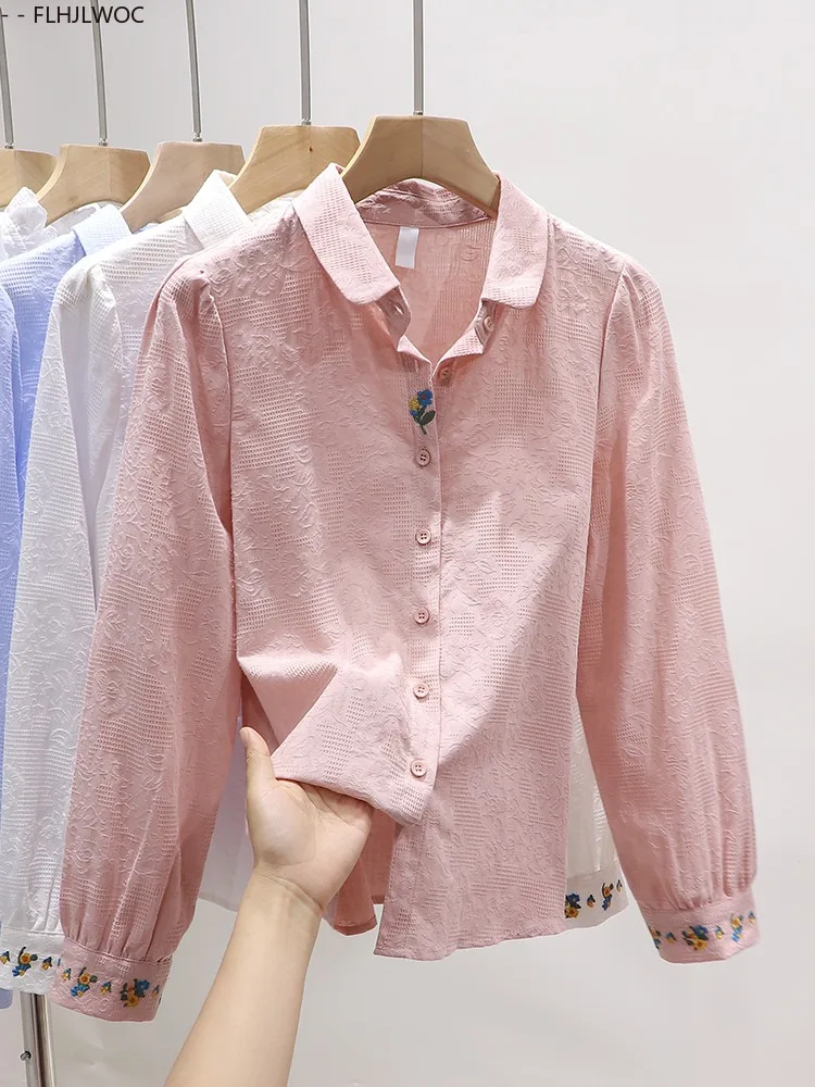 Blusas bordadas de algodão, blusas fofas para meninas, estilo preppy, retrô, vintage, gola peter pan, sólido, azul, rosa, branco, camisas básicas