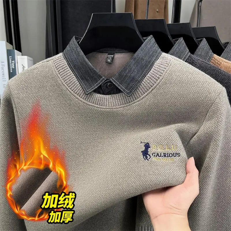 

Fashionable High-end One-piece Velvet Men's Sweater 2025 New Winter Shirt Collar Fake Two-piece Plus Velvet Thick Base Sweater