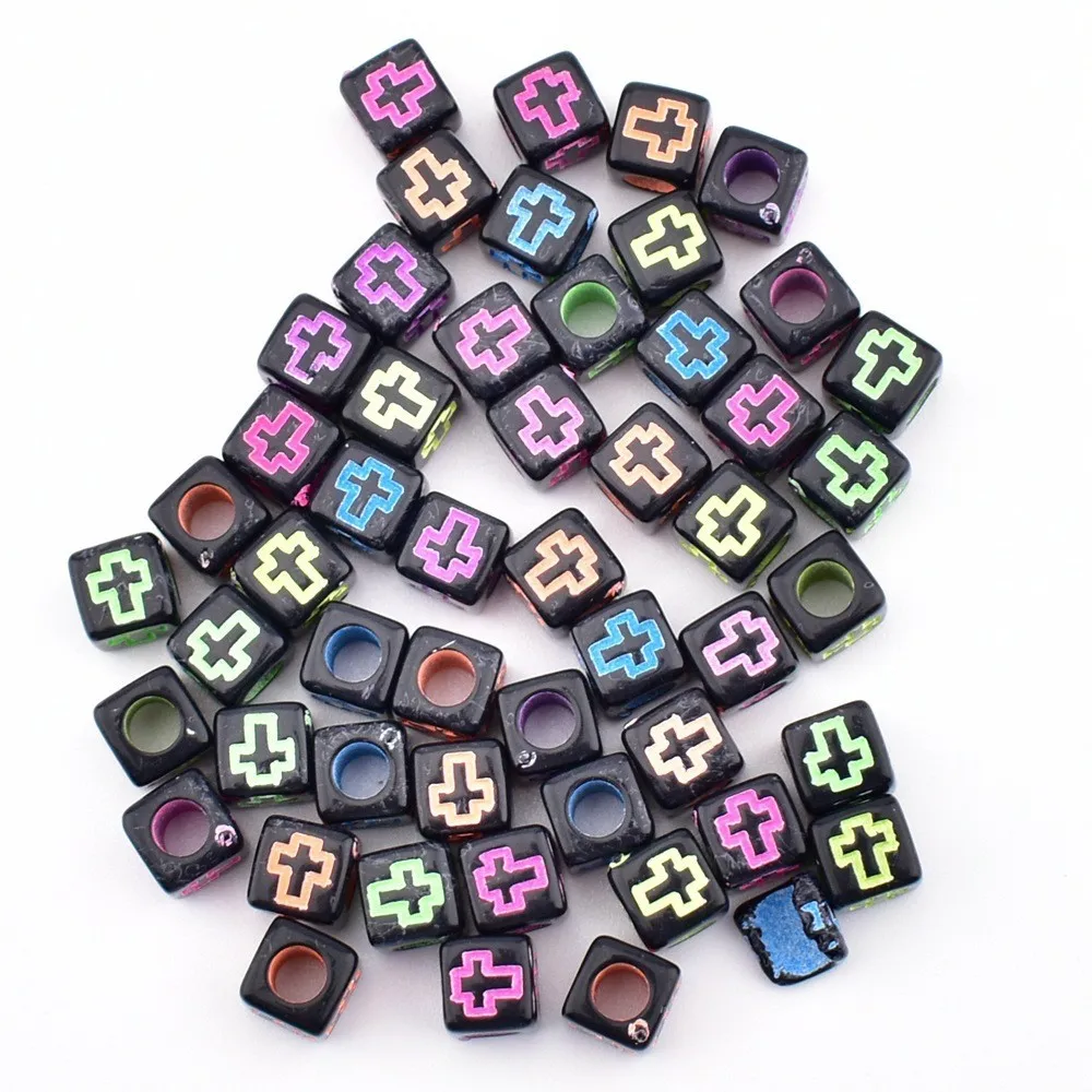 50pcs/lot 6*6*3mm DIY Acrylic letter beads Square black colored cross bead for jewelry making