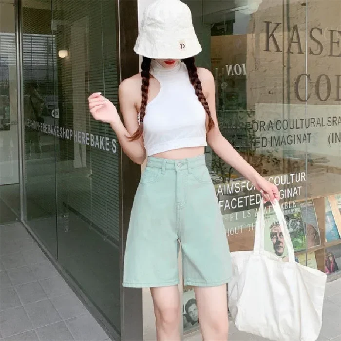 2025 Caofeimao Chic Straight Loose Women Jeans Shorts Summer High Waist Pockets Female Wide Leg Denim Shorts