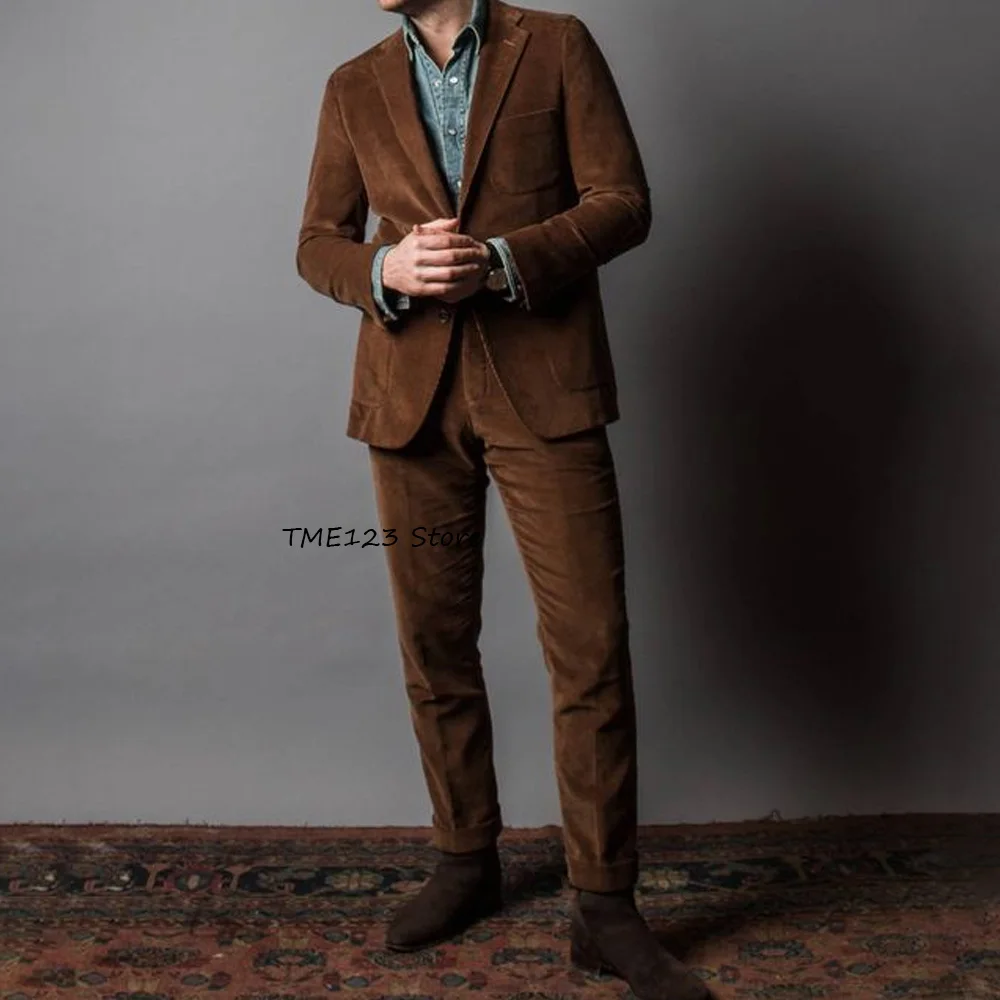 

Классический мужской костюм, повседневный мужской костюм, комплект с квадратными карманами, модные костюмы, комплект из вельветовой ткани, пиджак с лацканами, одежда