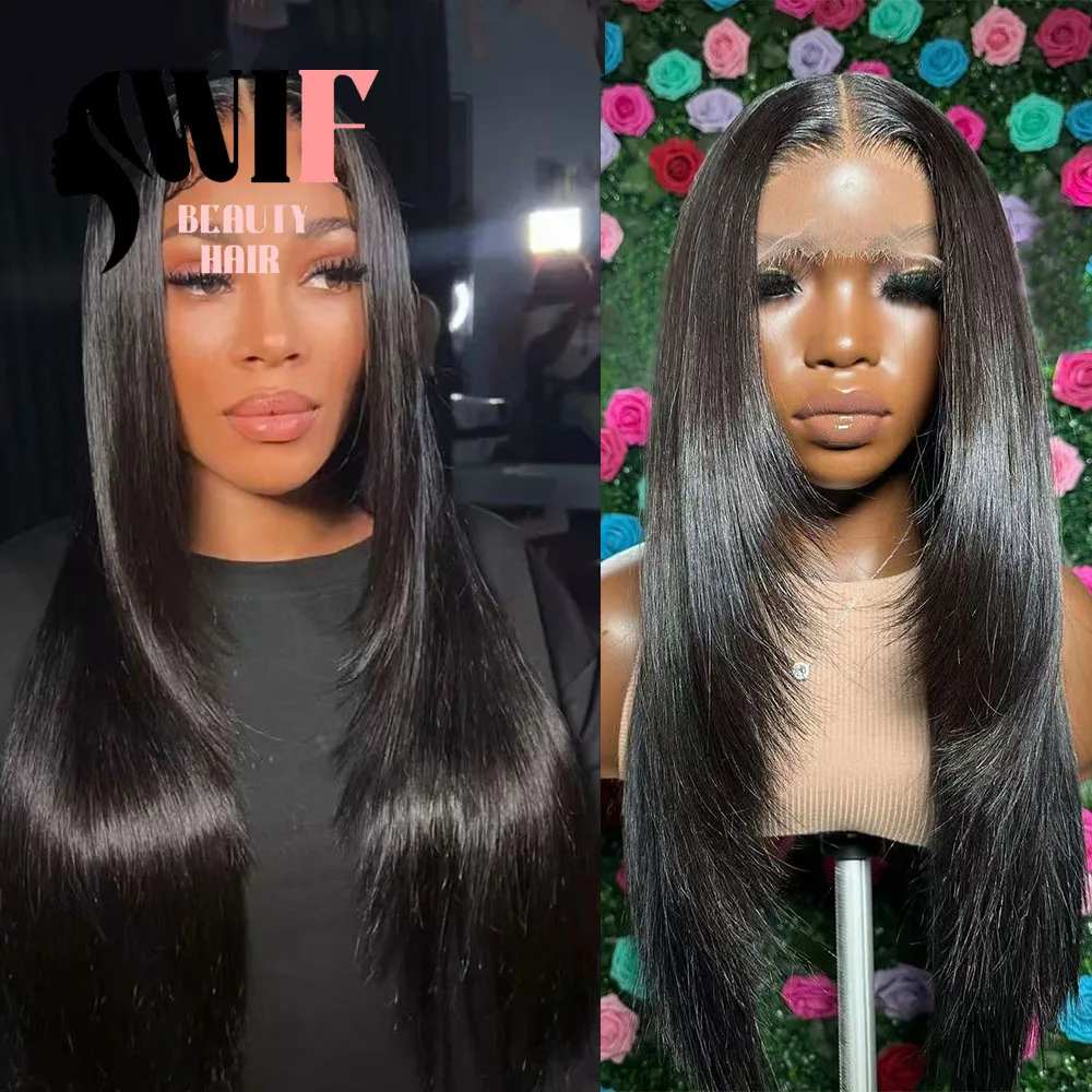 WIF Black Layered Straight Hair Lace Wig Middle Part 1B Black Layered Haircut Synthetic Lace Front Wigs Women Dairy Wear