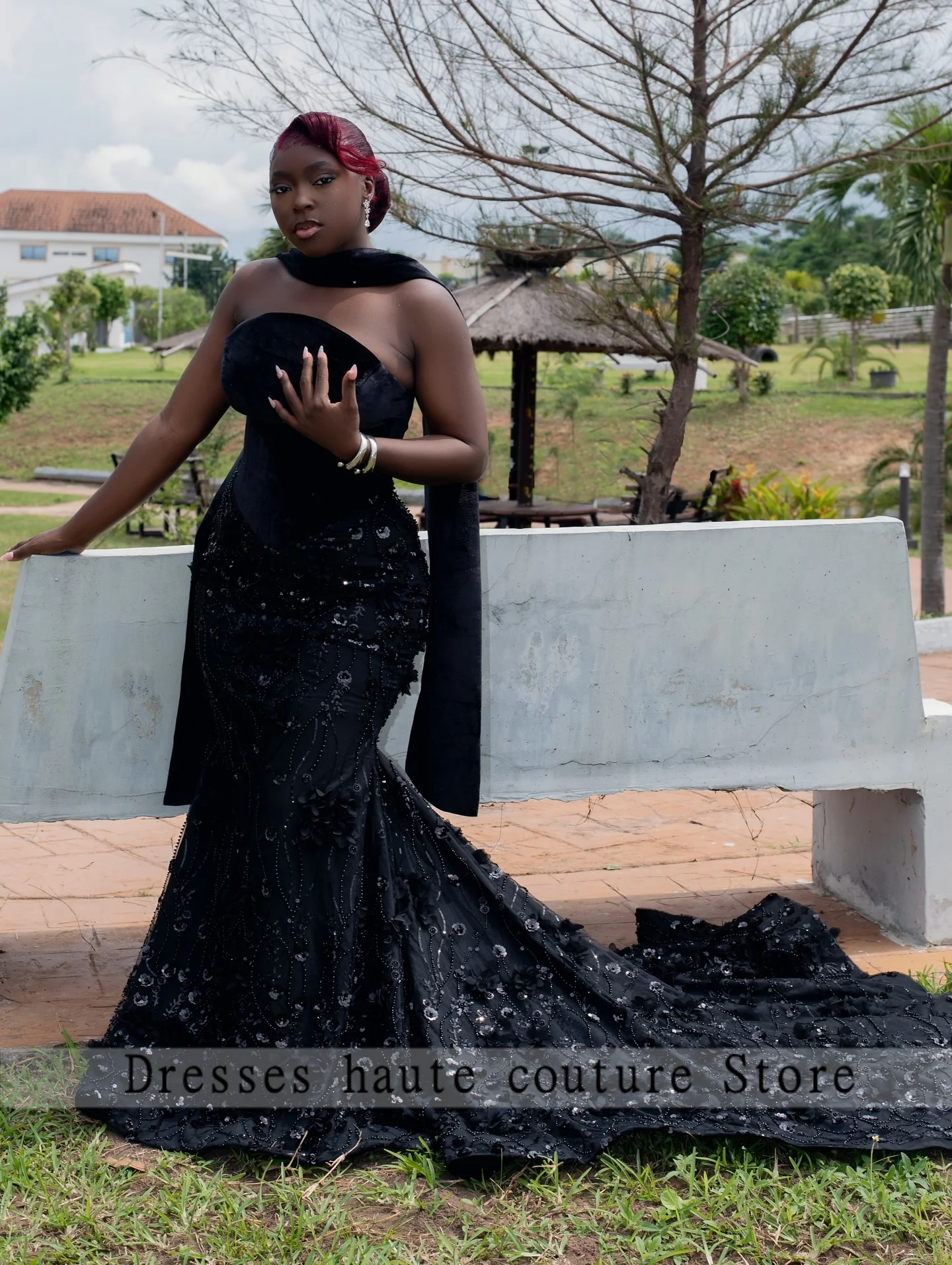 Aso Ebi Black Beaded 3D Flower Evening Dresses 2025 For Women African Strapless Wedding Paery Dress Reception Gown Customized