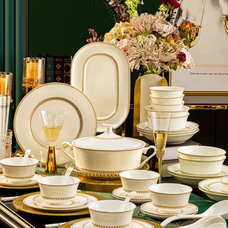 

Modern European Dinnerware Set Microwave Dishwasher Safe Luxury Ceramic Dinnerware Sets Kitchen 60 Pcs Kit Pratos Dining Set