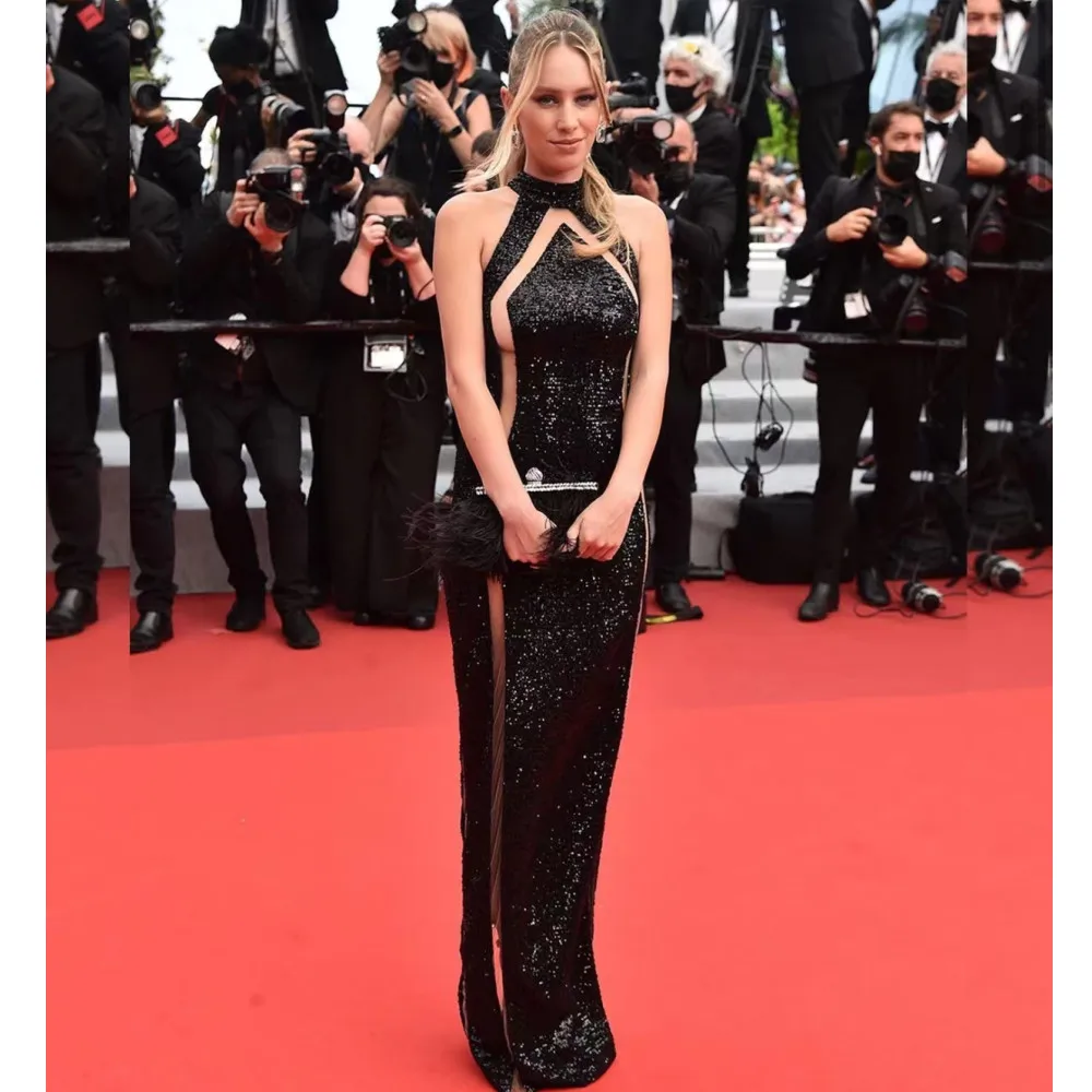 

Women Elegant Luxury Maxi Long Party Dress Black Sequined Glitter Halter Birtyday Wedding Guest Celebrity Evening Dresses