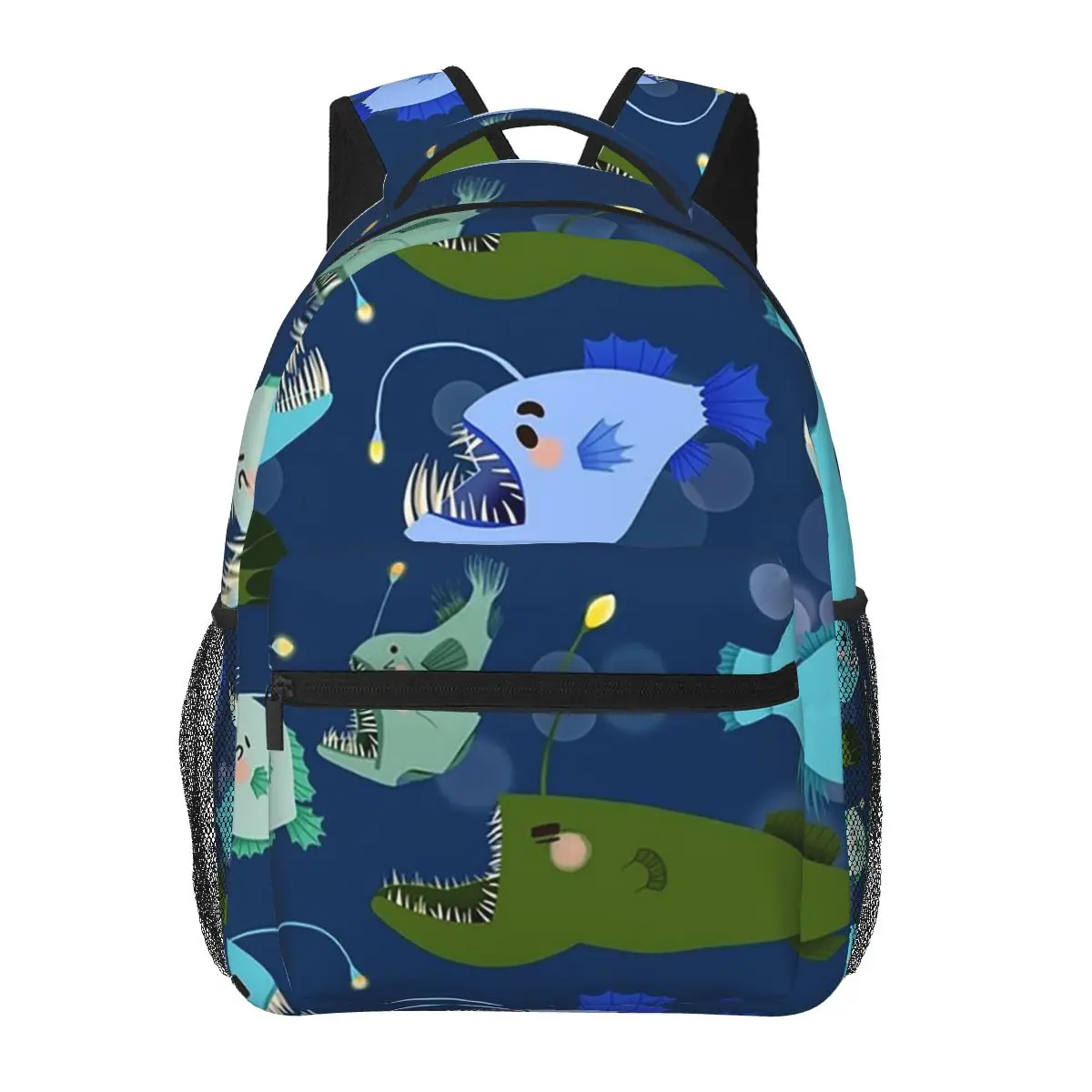 Anglerfish - Fun Blue And Green Cartoon Fish Ocean Pattern Backpacks Bookbag Students School Bags Laptop Rucksack Shoulder Bag