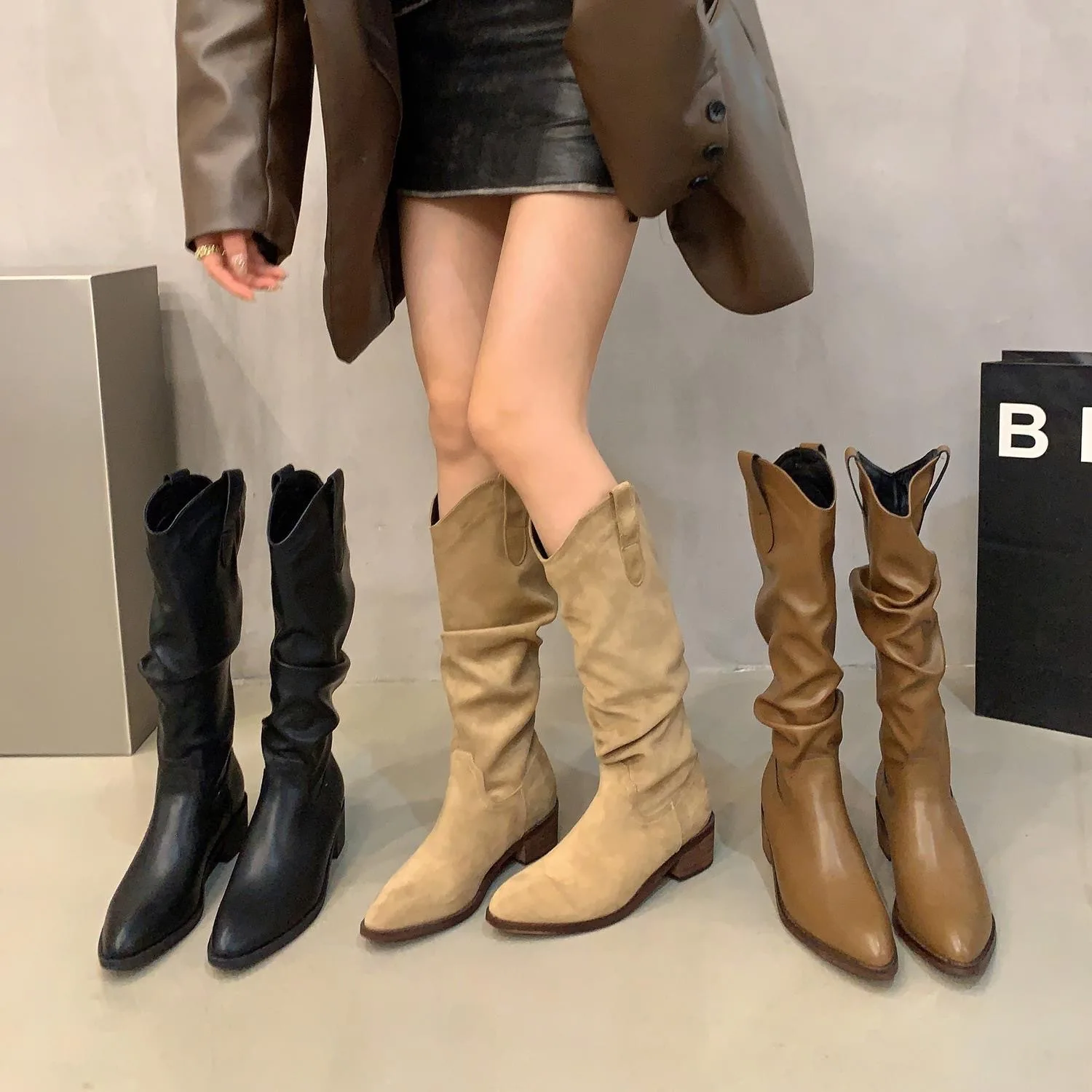 New Pointy Mid-heel Knee-high Boots Slip on Women's Slouch Boots Solid Color Fashion High Top Knight Boots Slim botas feminina