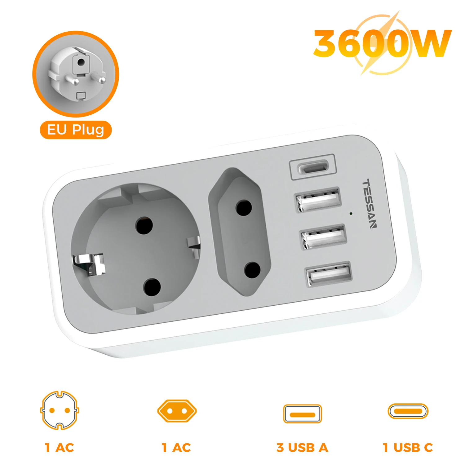 TESSAN Multi Outlets wandcontactdoos met USB-poorten EU KR Meervoudige wandcontactdoos stroomadapter met overbelastingsbeveiliging voor thuis