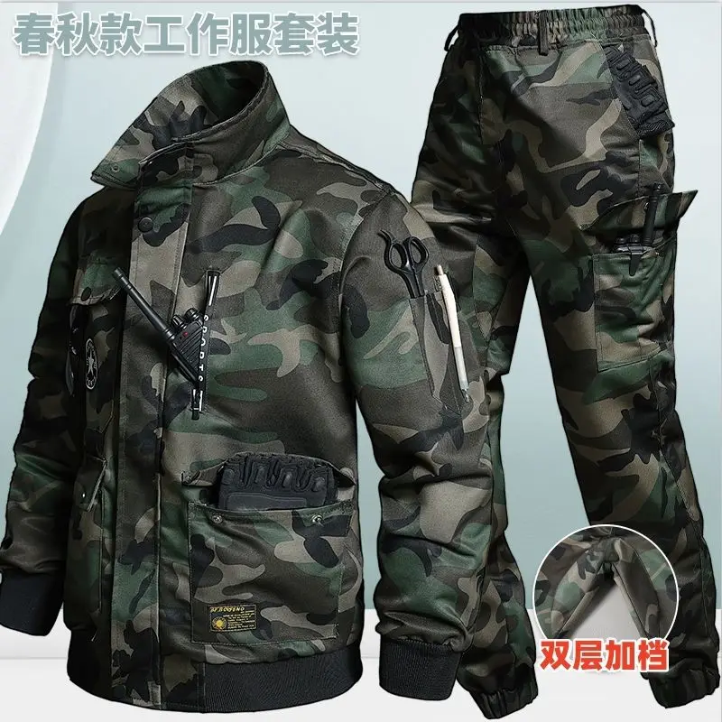Men Camo Workwear Set Spring Autumn Wear Resistant Durable Jacket Pants Construction Site Labor Uniform