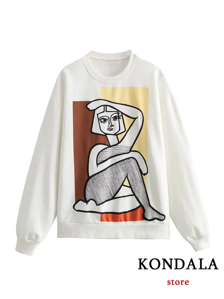 

KONDALA Casual Vintage Women Hoodies Printing O-Neck Long Sleeve Pullovers Straight Loose Hoodies Fashion 2023 Autumn Winter Top