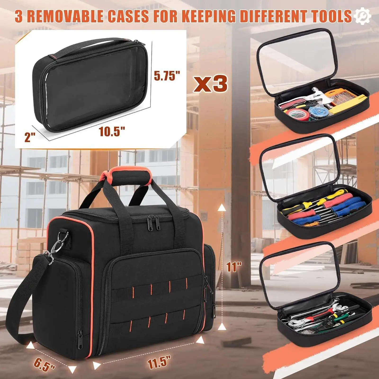 Tool Bag Organizer Multi-Pocket Carrier Pouch With 3 Removable Cases Tool Carrier Bag For Repair Shops Construction House