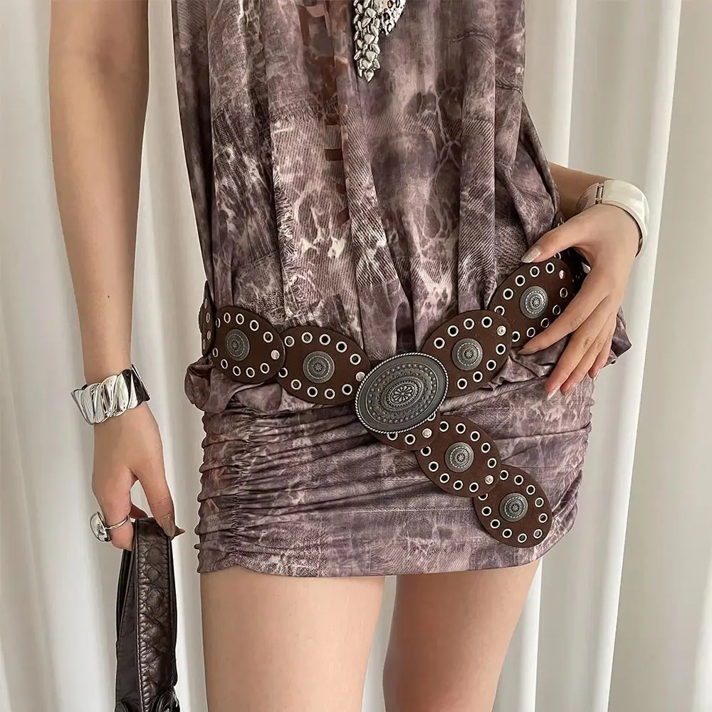 Cintura da donna vintage di nicchia in pelle PU Y2k cintura ovale in vita punk nero marrone abito jeans cintura accessori in vita
