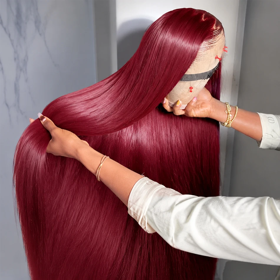 

99j Burgundy Lace Front Wigs Straight Human Hair 13x4 HD Lace Front Wigs Human Hair Pre Plucked Wine Red Colored Human Hair Wigs for Black Women 200% Density Frontal Wigs 34 36 Inch