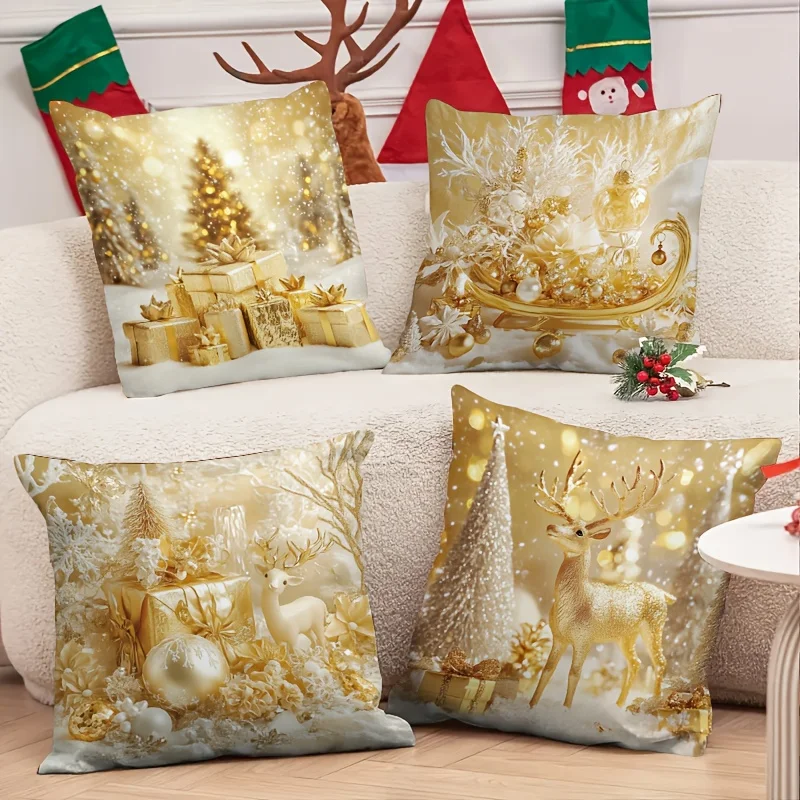 Luxury Golden White Christmas Pillowcases 4pcs, Golden Tree Sleigh Reindeer Print, Zippered Machine Washable for Bed Sofa