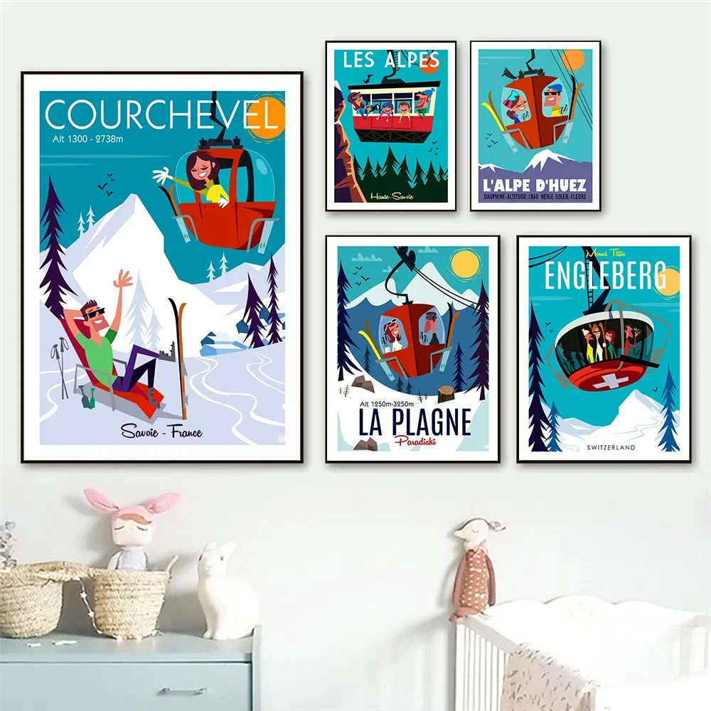 Alpes Mount Cable Car Playground Art Poster Print Cartoon Snow Mountain Engleberg Titlis Travel Canvas Painting Room Home Decor