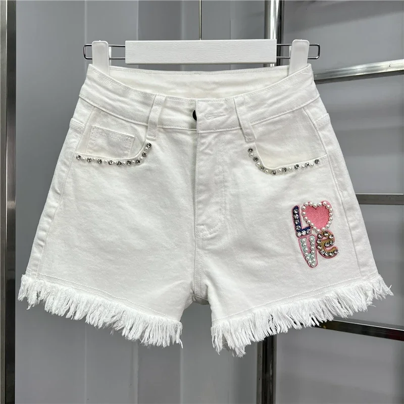 White Short Jeans for Women 2024 New Summer Diamonds Beading High Waist Wide Leg Pants Embroidery Tassel A-line Denim Shorts