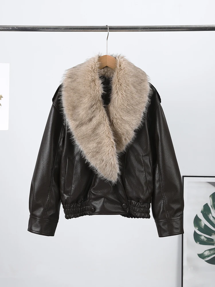 

Pu Fur Patchwork Jacket Women Detachable Collar Lapel Double Breasted Loose Coats Female 2025 Winter Fashion Warm Outwears Lady