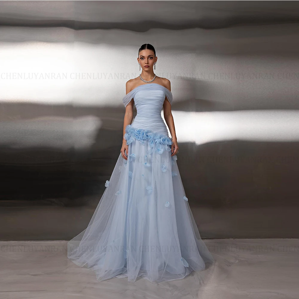 

MOLISA индивидуальное элегантное платье трапециевидной формы для выпускного вечера небесно-голубое с открытыми плечами и аппликациями со складками вечерние платья длиной до пола, вечернее платье