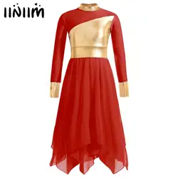 Kids Girls Modern Lyrical Ballroom Ballet Dance Church Cosplay Dress Round Collar Bronzing Cloth Zipper Closure Back Dance Dress