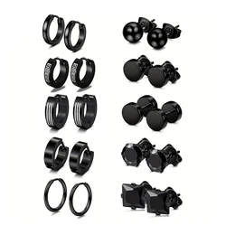 10pairs Earrings Black Stainless Steel Stud Earrings Set For Men Women, Fashion Piercing Jewelry Dangle Hoop Earrings Set