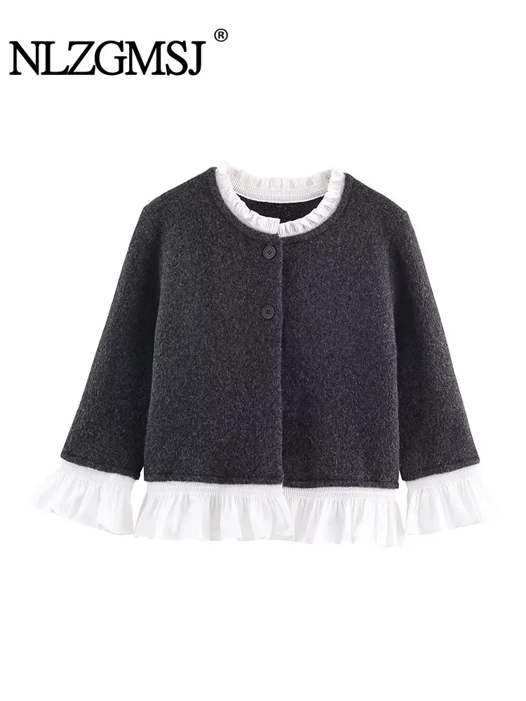 NLZGMSJ المرأة شيك موضة لصق س الرقبة طويلة الأكمام التباين اللون سترة مشغولة من الصوف معاطف سترة فضفاضة غير رسمية #1