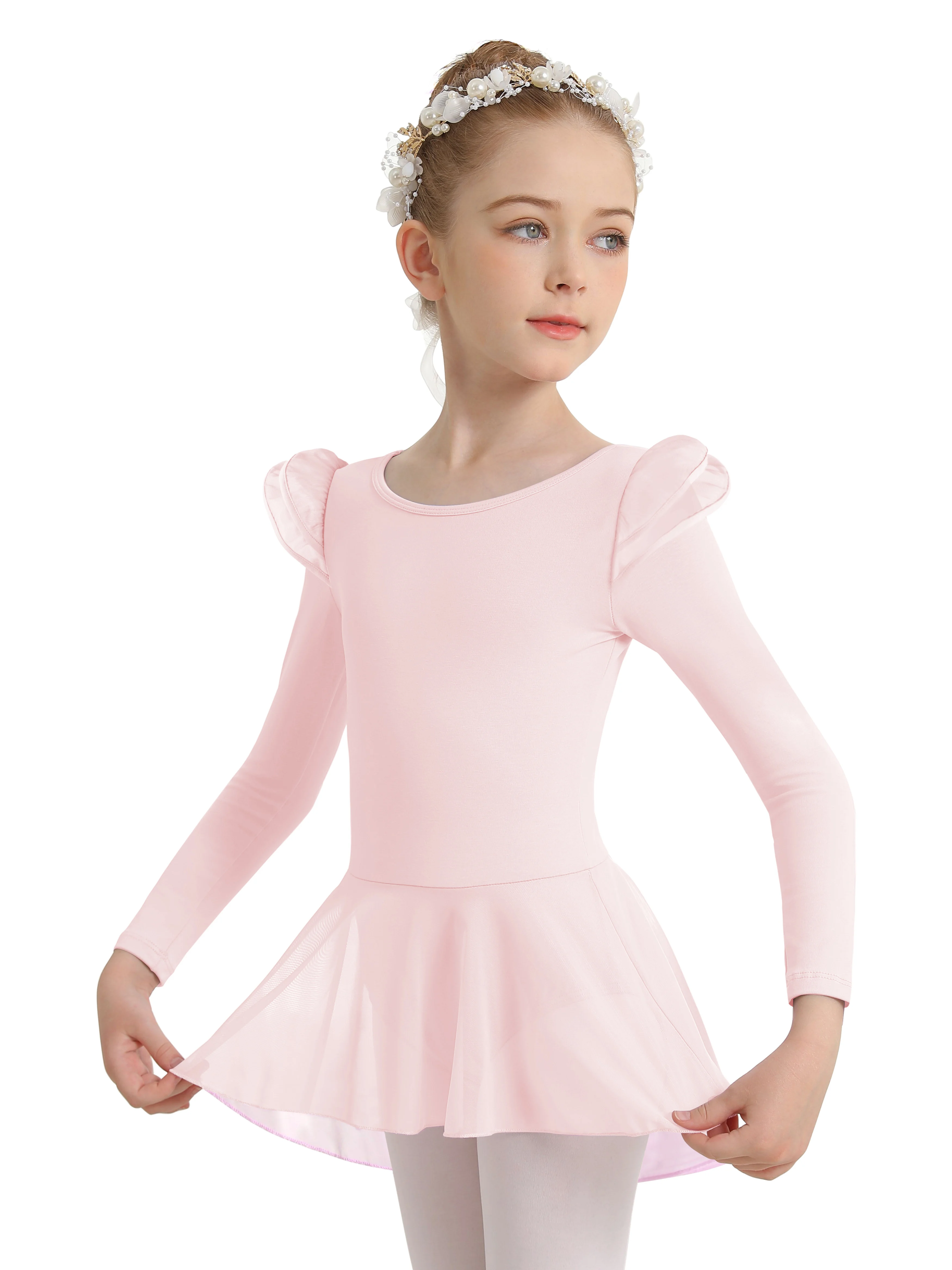 Manga comprida de Ballet Leotards feminino, saia traseira oca, saia para dança, criança pequena, menina grande