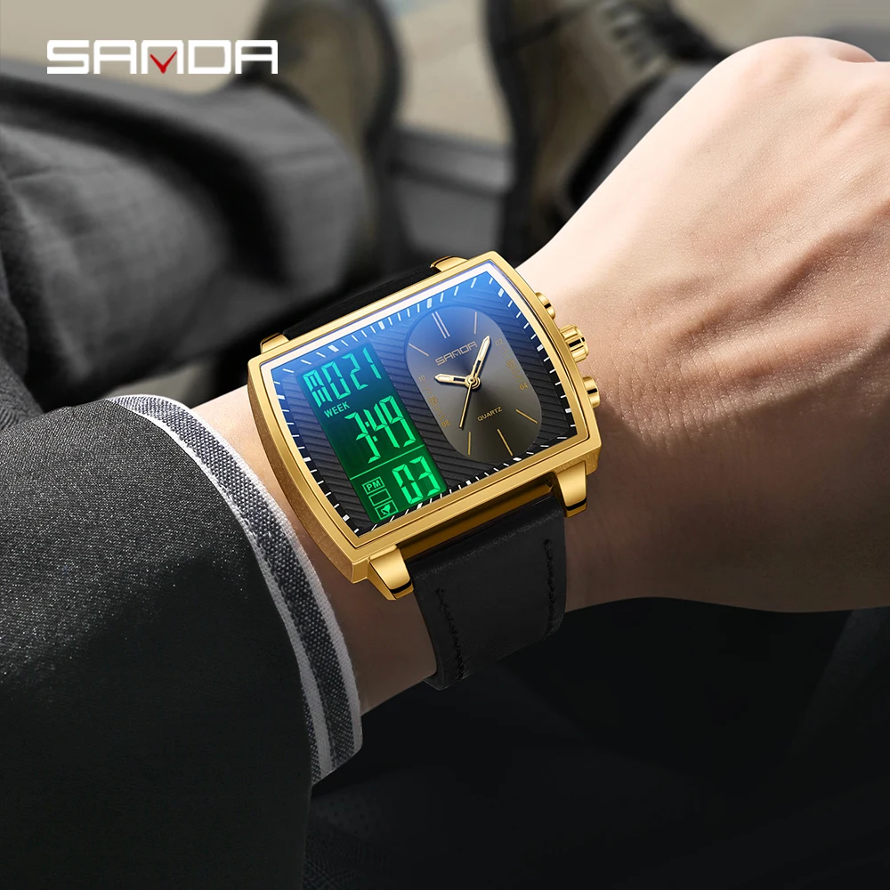 SANDA 6238 Luxury Men\'s Electronic Watch Fashion Large Dial Dual Display Sports Multi functional Waterproof Electronic Watch