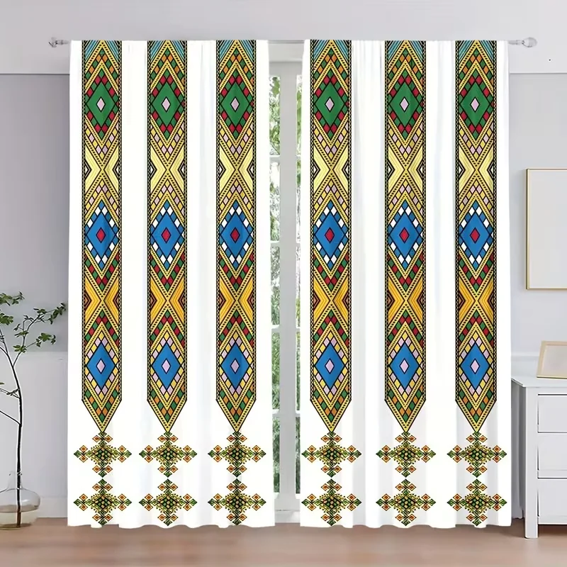 2Pcs Curtain Geometric Ethiopian-Style Diamond Stripes Window Drapes for Bedroom Living Room Decoration Window Treatment.