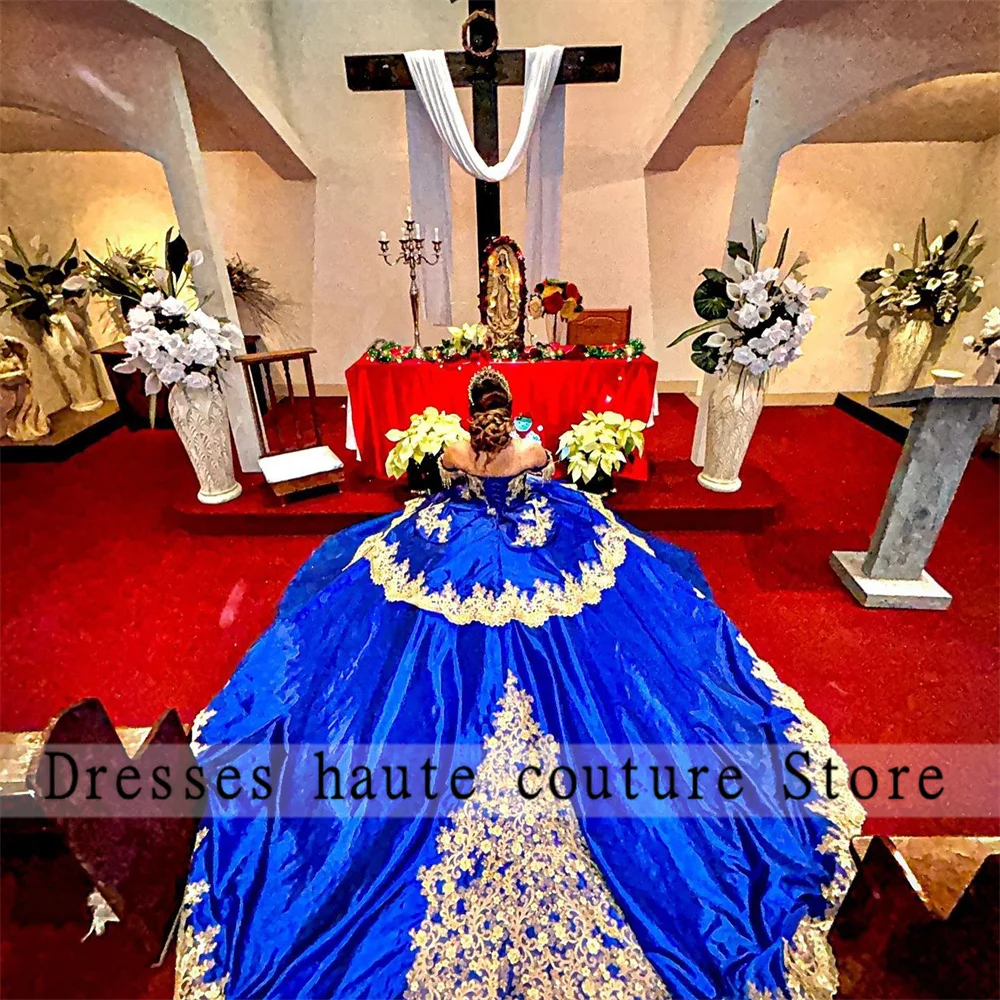 Robe de Quinceanera en dentelle bleu royal mexicaine, robe de Rh, broderie perlée, robe de princesse Sweet 16, robe à lacets, 2023