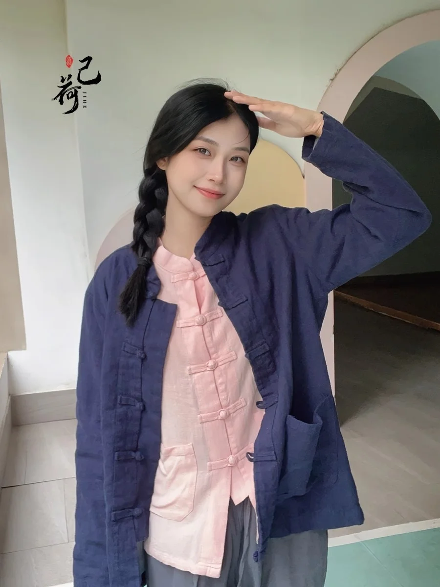 레트로 순색 롱 셔츠 버튼 달린 태극복 스타일 면 린넨 슬림핏 여성 비즈니스 캐주얼 셔츠